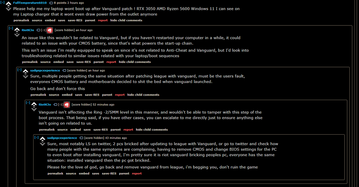 Yasubro's tweet photo. Riot is denying that Vanguard is bricking people's PCs, and any kind of Vanguard discussion is banned from the sub.

It's tampering with unrelated files, preventing startup programs from booting, causing other programs to crash, etc.

All this was known and they still launched. https://t.co/PO6NW6kpGJ