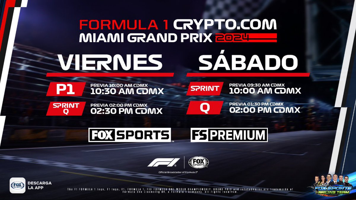 Te esperamos en el Formula 1®️ Gran Premio de Miami 🏁🇺🇸

Viernes
10AM CDMX: Práctica 1
2PM CDMX: Clasificación Sprint
Sábado
9:30 AM CDMX: Sprint
1:30 PM CDMX: Clasificación

#F1xFSMX en vivo y en exclusiva en @FOXSportsMX y sin interrupciones por #FSPremiumMX 🖥