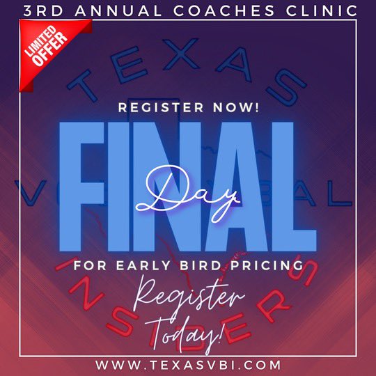 🚨🚨 FINAL DAY FOR EARLY BIRD PRICING🚨🚨 3rd Annual Coaches Clinic, sponsorship by Sports Imports that will be held on Friday, June 7th, and Saturday, June 8th at Buda Johnson HS. Early bird pricing ending TODAY!!! Visit our website to register today. texasvbi.com