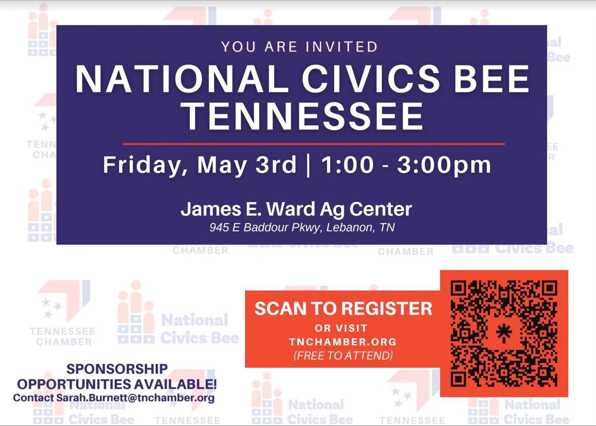 Please join us Friday, May 3 for the first-annual National Civics Bee Tennessee! We have 15 finalists from across the state competing in the event, and we want to ensure that we have an engaged audience to help celebrate their achievements and hard work!