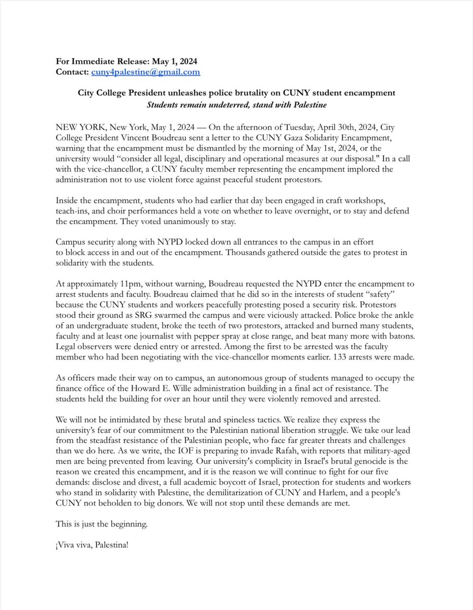 [PRESS RELEASE] From CUNY Gaza Solidarity Encampment: May 1, 2024 City College President unleashes police brutality on CUNY student encampment— Students remain undeterred, stand with Palestine @Cuny4P @cunygse