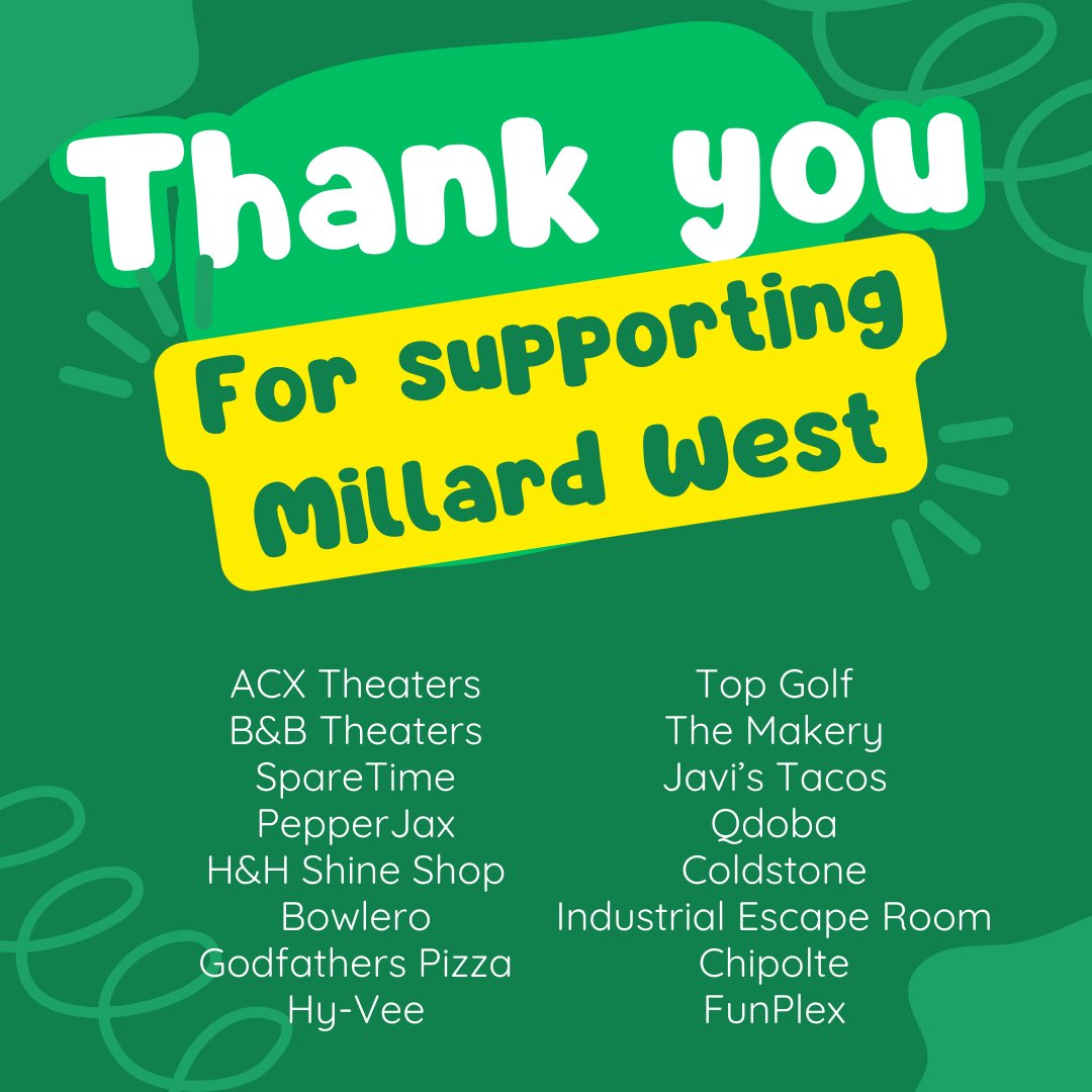 Millard West will spend the last couple weeks of the semester raffling off amazing prizes to our students in “Good Standing” Thank you to these community partners that have made donations. Let us know if you would like to be added to this list.