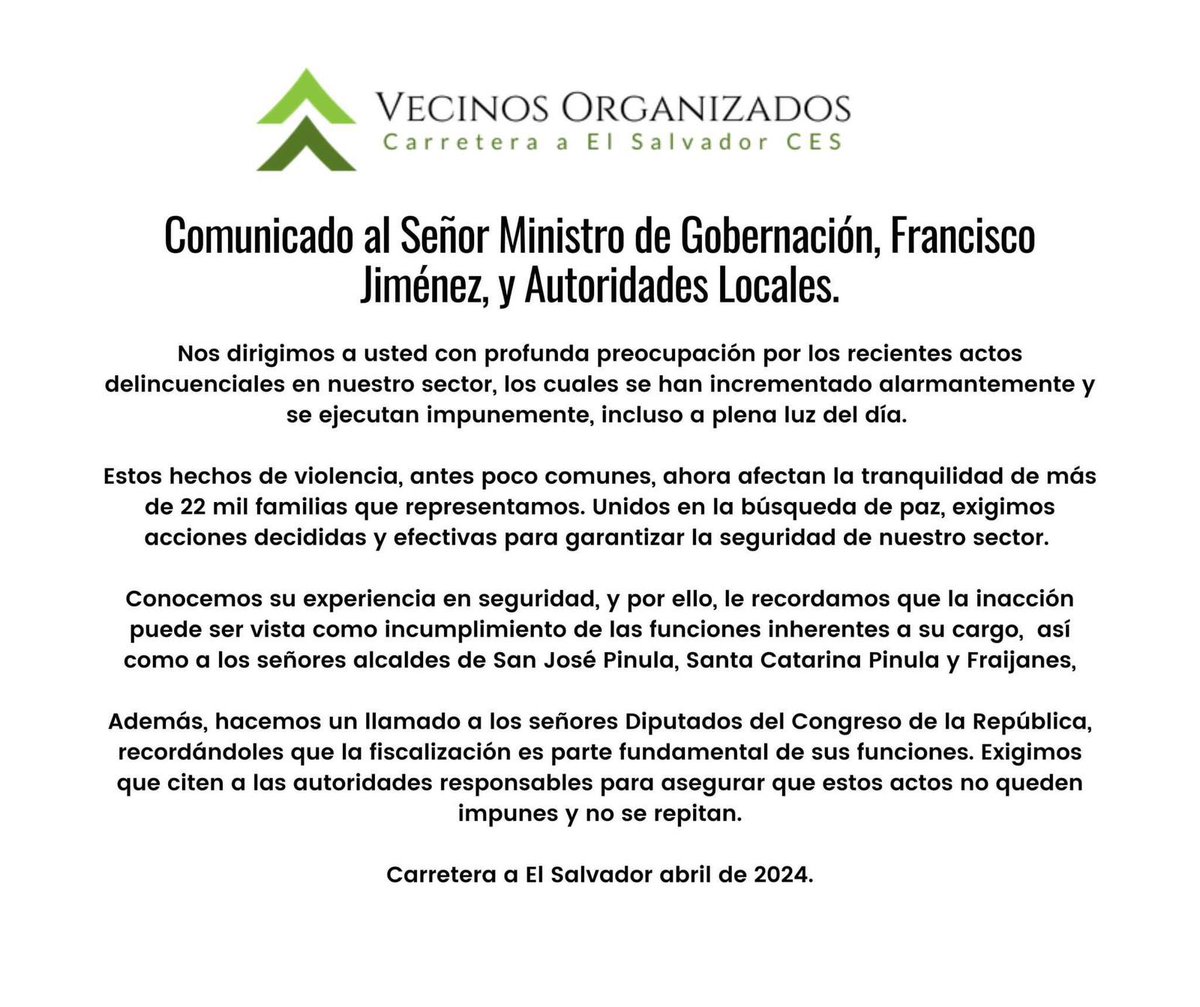 Mensaje de los Vecinos Organizados de CAES al @mingobguate