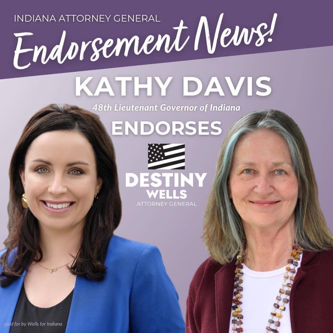 I am deeply honored and excited to announce the endorsement of Indiana’s 48th Lieutenant Governor, Kathy Davis. Kathy was the first woman to hold this role in #Indiana. 

#INGov #IndianaHistory #AttorneyGeneral #VoteBlue