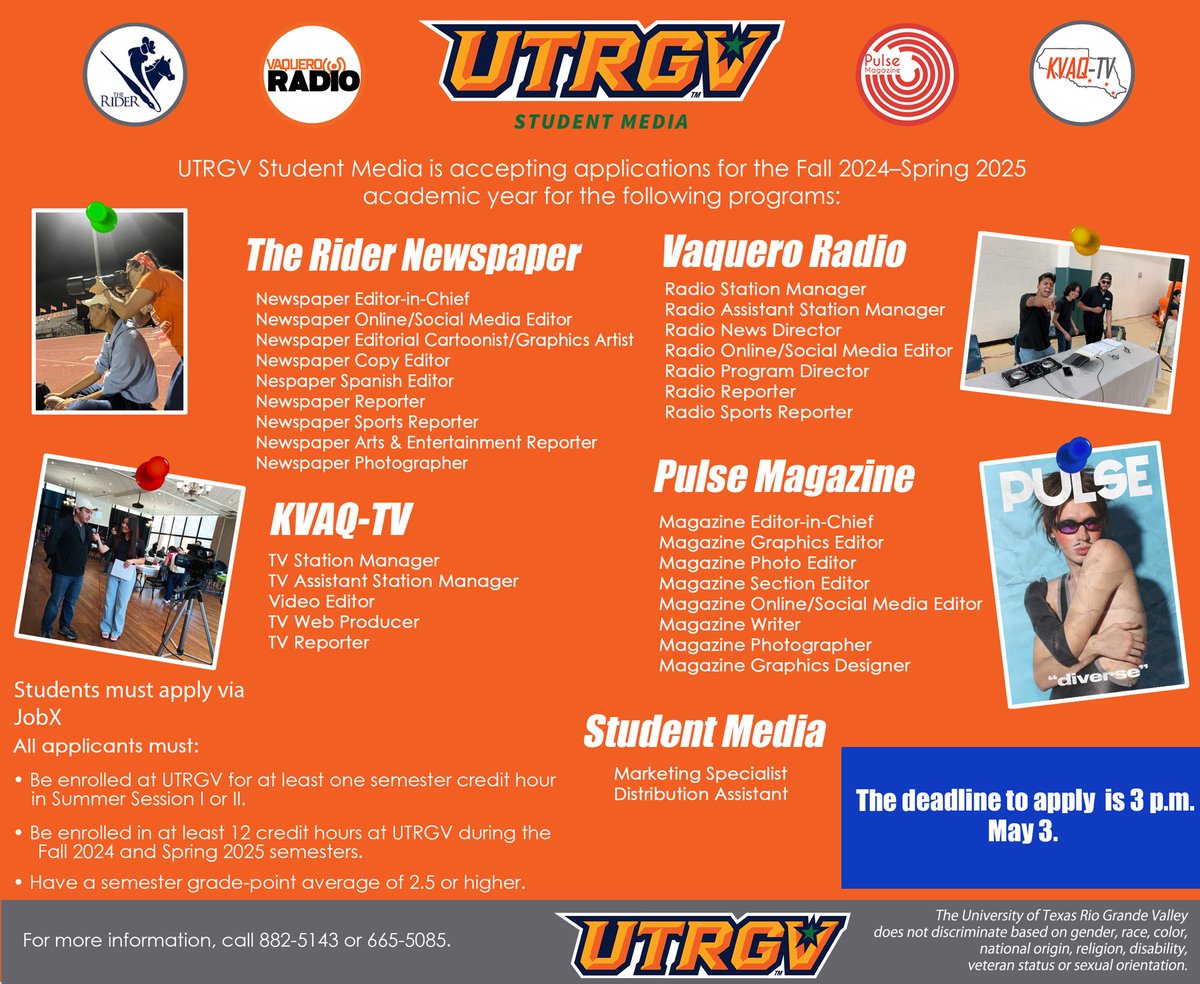 UTRGV Student Media is accepting applications for the Fall 2024-Spring 25 academic year | Students must apply via Job X 🤠🗞️ #utrgv #oncampus #jobopportunities #therider #newspaper #magazine #radio #tv #studentmedia #applytoday