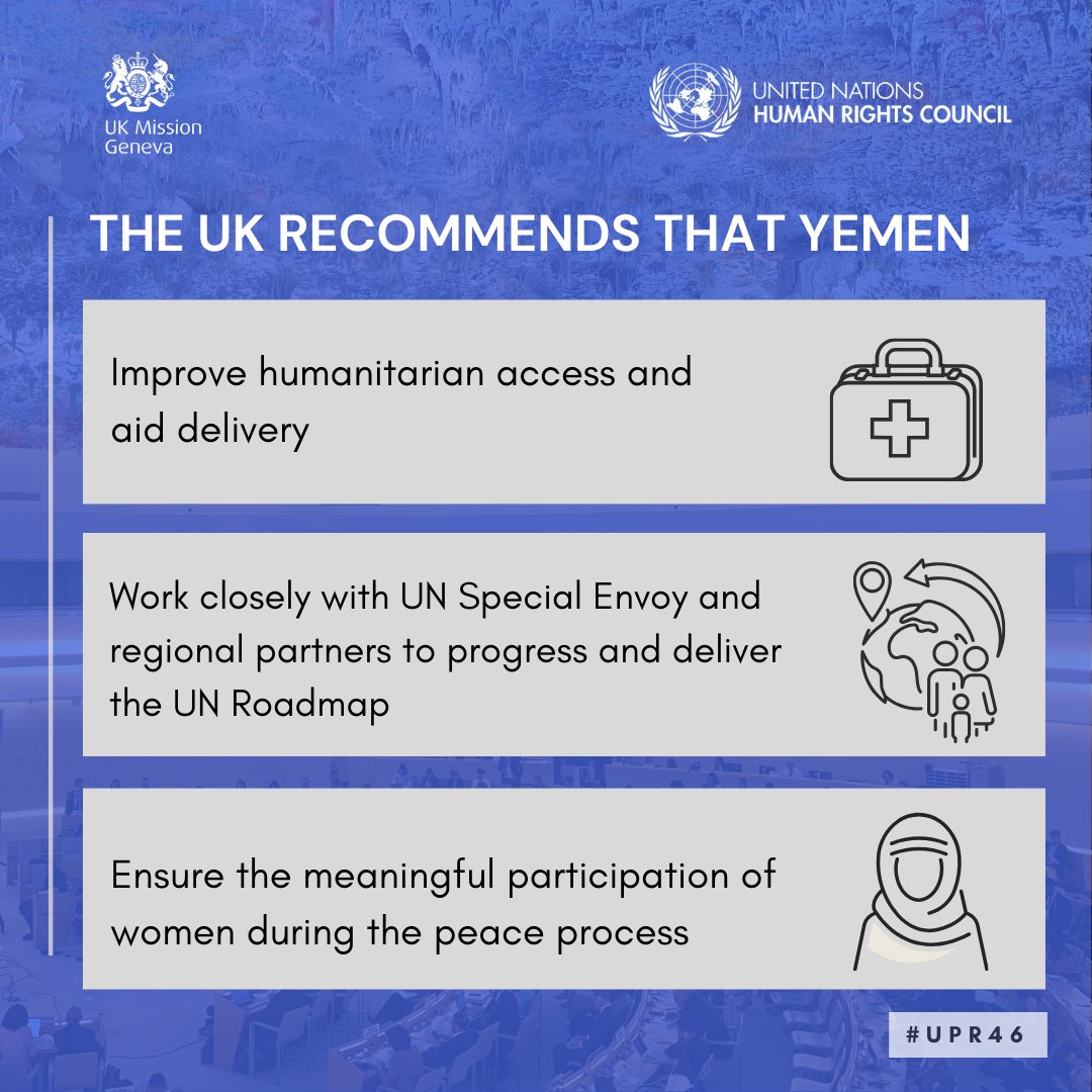 The UK is encouraged by the momentum to a sustainable and long-term peace in #Yemen through the UN-led Roadmap 🇺🇳 But it is vital that reports of torture, sexual violence, arbitrary detention and trafficking are addressed. #UPR46 🇬🇧 Statement gov.uk/government/new…