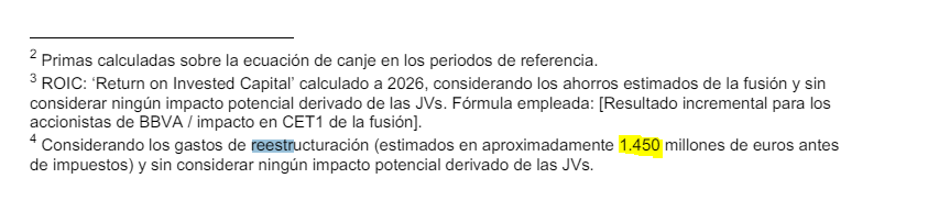 En la letra pequeña de la carta de BBVA al Consejo de Administración del Sabadell se ve la estimación del impacto de la reestructuración (ERE + cierre oficinas). Así calculando a ojo serían 4.000 empleados y 750 oficinas, un 10% de la plantilla tras la fusión