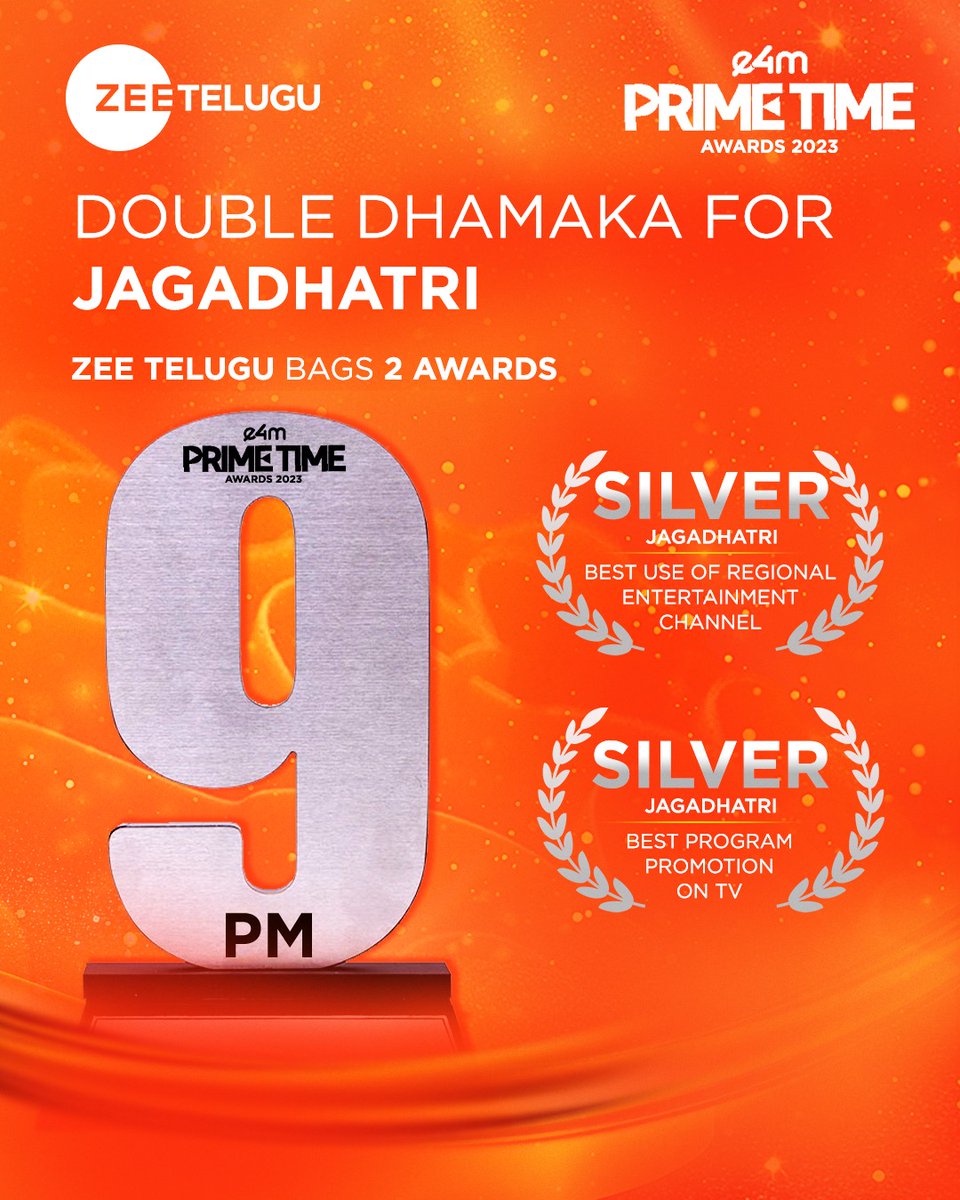 Congratulations to the Jagadhatri team for bagging double Awards at e4mPrimeTime awards 2023 in the categories of Best Use Of Regional entertainment Channel & Best Program Promotion On Tv 🎉🎉 #Jagadhatri #ZeeTeluguBags2Awards #SilverWinner #e4mAwards #e4mPrimeTimeAwards2023…