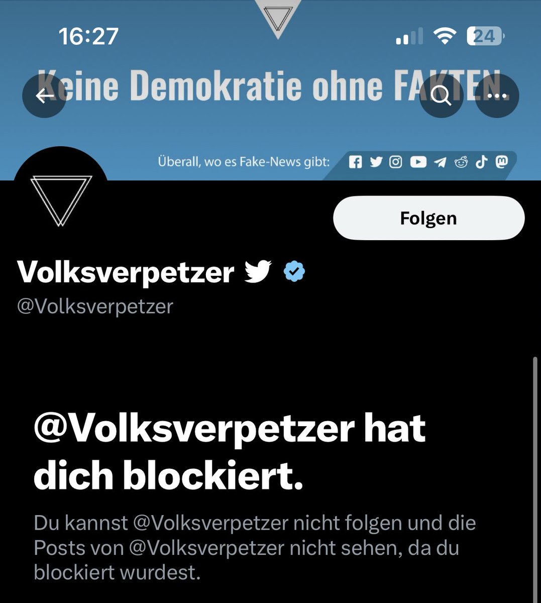 Der Volksverhetzer namens „Volksverpetzer“ hat mich blockiert, was auch sonst 😂

Er verbreitet durchgehend Hetze gegen Andersdenkende & AfD. Die Grünen haben angeblich noch nie Fehler gemacht & der übliche Bullshit 💩
#DeshalbAfD 🇩🇪