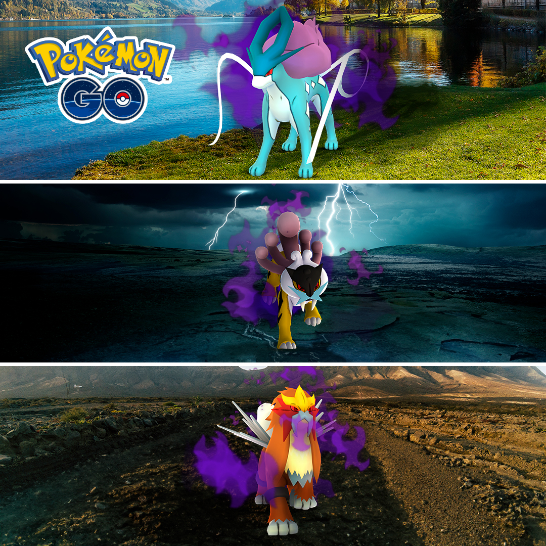 O tipo de aventura que fica pra história… 🔥⚡💦 Entei e Raikou já apareceram no Pokémon GO em suas formas Sombrosas. E em breve será a vez de Suicune...✨ Já conseguiram pegar algum deles?