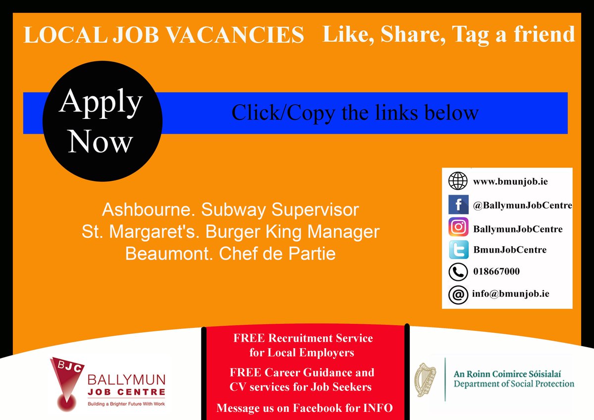 👉 Visit us at: Bmunjob.ie

Vacancies #bmunjob #jobfairy #dublinjobS
Ashbourne. Subway Supervisor
applegreen-stores.rezoomo.com/job/64608/ 
St. Margaret's. Burger King Manager
applegreen-stores.rezoomo.com/job/64653/ 
Beaumont. Chef de Partie
jobsireland.ie/en-US/job-Deta…