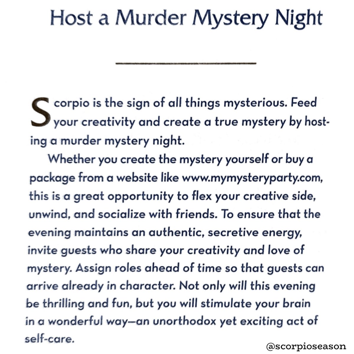 Host a murder mystery night this #WellnessWednesday #ScorpioSelfCare #Scorpioseason #TeamScorpio