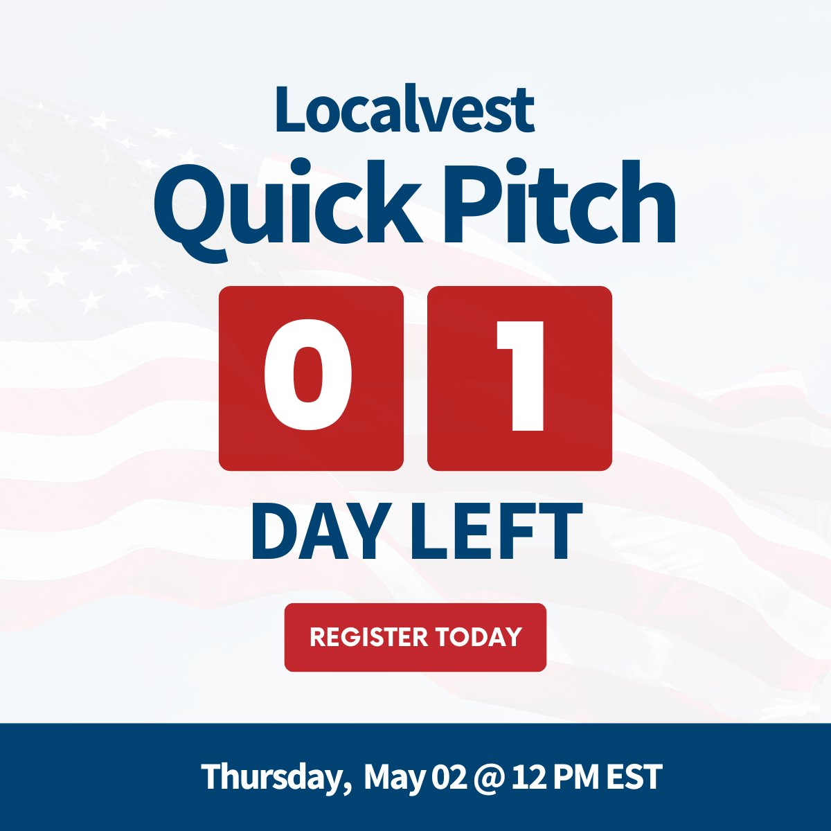 localvest's tweet photo. This is your last call to save your seat at our next Localvest Quick Pitch. 

Register at: https://t.co/uxll1OTXry

Don't miss this chance to be part of a dynamic event that could open doors to exciting investment opportunities!

#LiveEvent #InvestmentOpportunities https://t.co/XxWj4wFzII