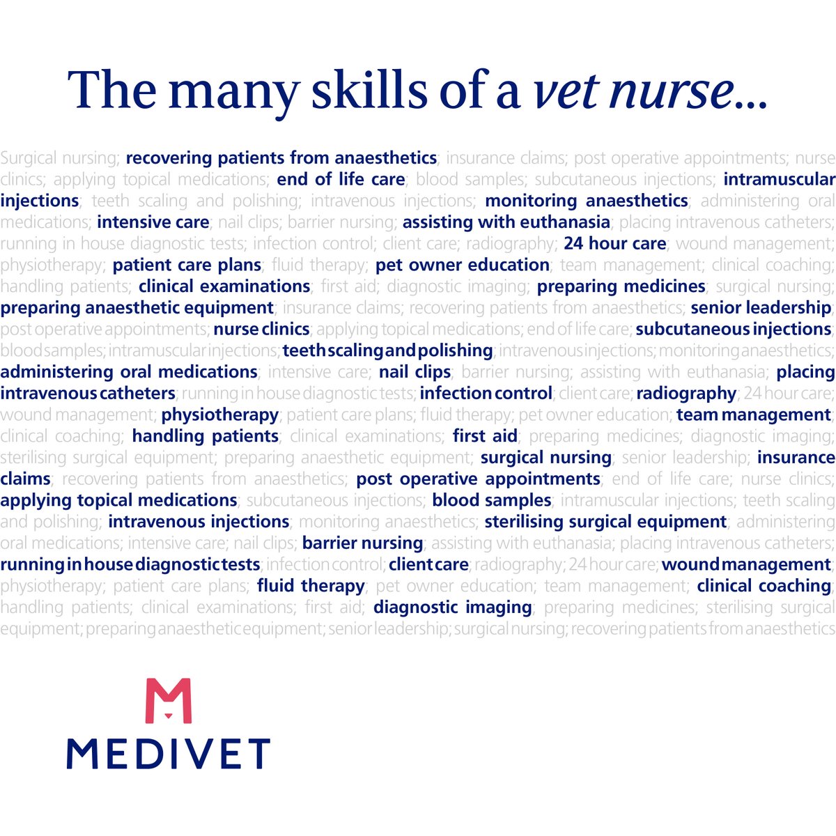 #VetNurseAwarenessMonth ❤️ These are the many skills of a vet nurse, some you may know and others might be more of a surprise. Over the month we'll be sharing photos and stories of our amazing vet nurses at Medivet 🐾 #VNAM2024
