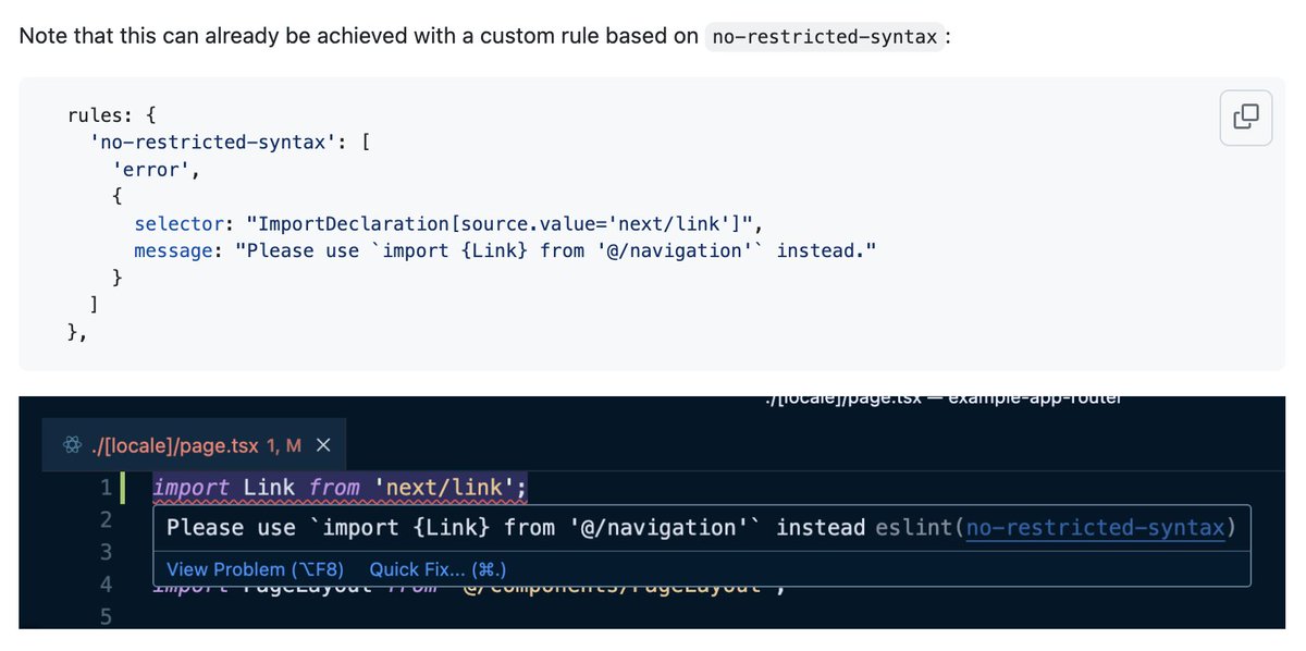 Another great point! We could consider offering an official ESLint rule to help with this or at least provide docs. For the time being, this is supported in userland via the `no-restricted-syntax` rule.

➡️ More on this: github.com/amannn/next-in…