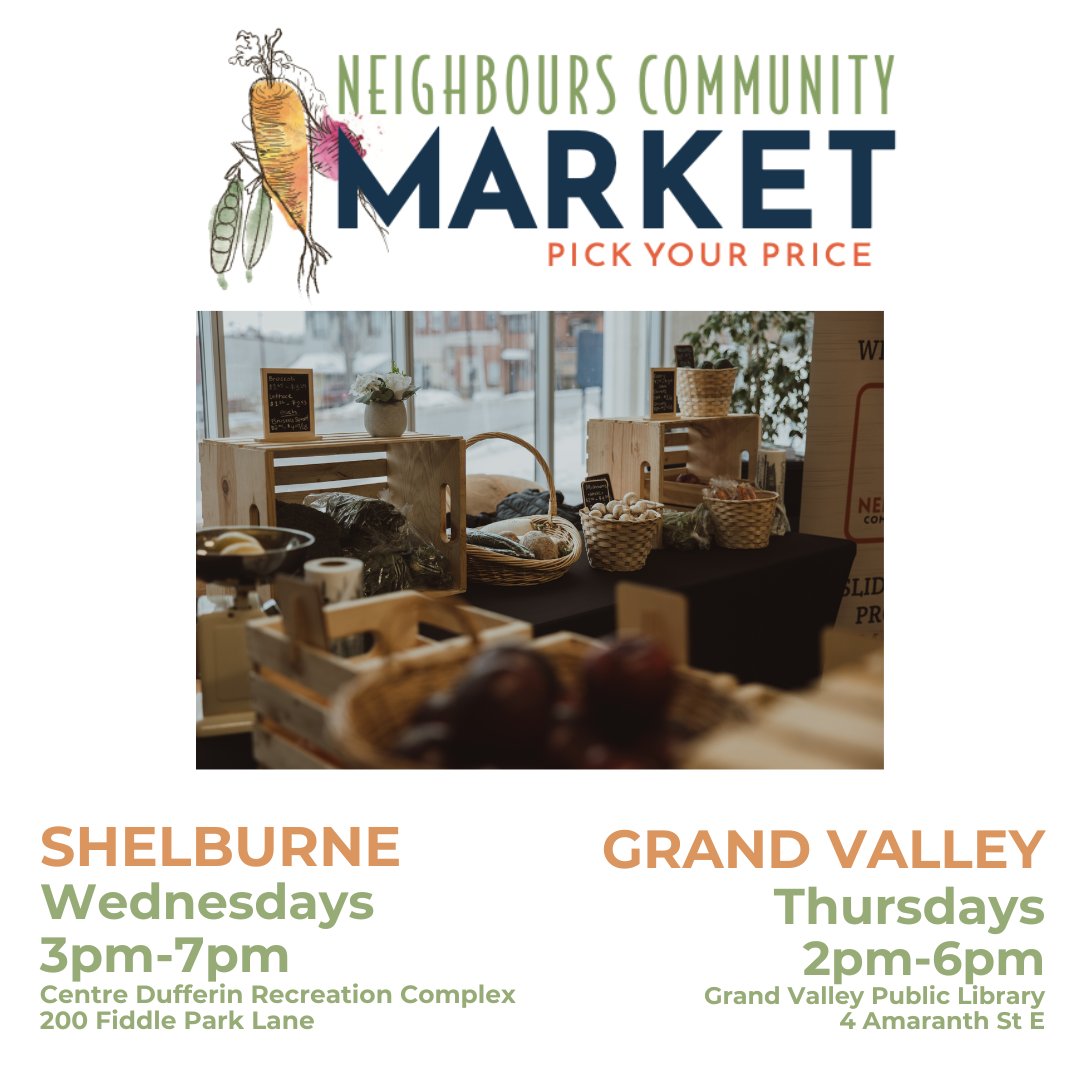Neighbours Community Market is a sliding-scale weekly produce market 🍅🥕🥬🥦 #Shelburne Wednesdays from 3pm-7pm at the Centre Dufferin Recreation Complex. #GrandValley Thursdays from 2pm-6pm at the Grand Valley Public Library orangevillefoodbank.org/produce-markets