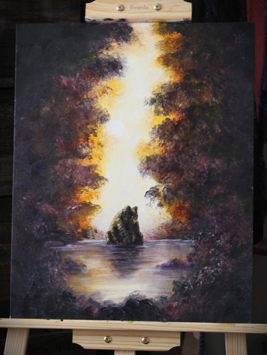 Current acrylic. I think it might be done aside from a few adjustments to the water highlights. Shadowy, an air of solitude tinged with a little loneliness, conveys my mood for the most part.  
#PainIntoArt #PainCareCrisis