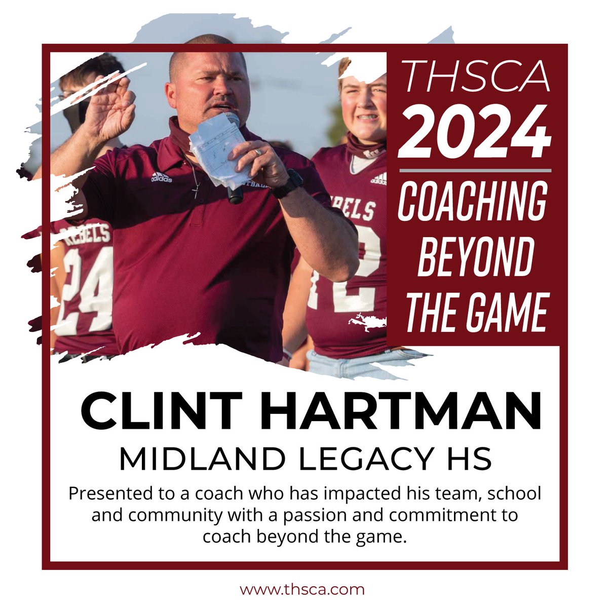 CONGRATULATIONS to our Coaching Beyond the Game Award winner, CLINT HARTMAN from Midland Legacy HS!👏 You have empowered athletes and strengthened communities, thank you for your commitment to coach beyond the game! #THSCAproud