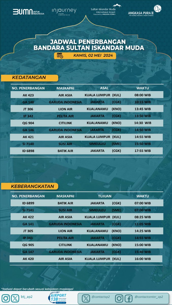 Selamat malam Sahabat BTJ!! Berikut jadwal penerbangan bandara internasional @BTJ_AP2 untuk besok Kamis, 02 Mei 2024.