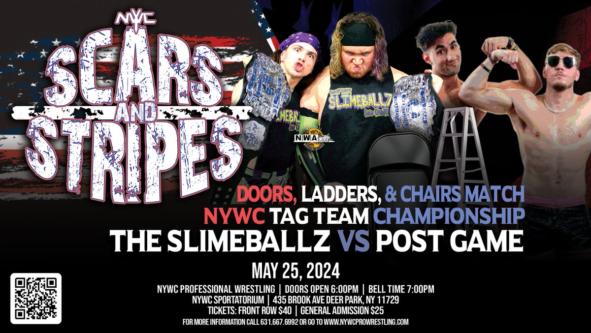 In the main event of NYWC Scars and Stripes the NYWC Tag Team Championships will be on the line in a DLC (Doors, Ladders & Chairs) match as The Slimeballz (@slimeballsage & @SlimetimeTommy) defend against Post Game (@Mike_Walker_30 & @vinnytalotta)

🎟: nywcprowrestling.com