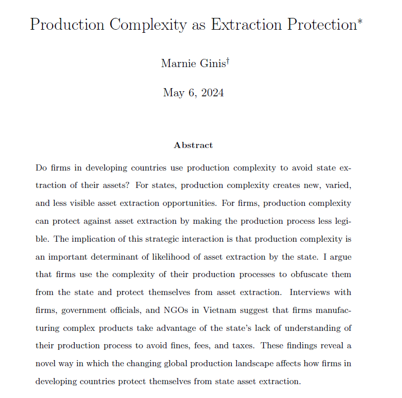 Hey everyone! For our last workshop in this academic year, Marnie Ginis (Columbia University) will present the paper, 'Production Complexity as Extraction Protection.' Shiyang Wu (University of California Santa Barbara) will moderate. Join us next Monday noon!