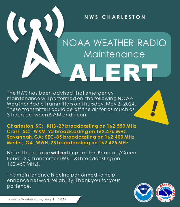 NWSCharlestonSC's tweet image. A few of our NOAA Weather Radio transmitters will be off the air for as much as 3 hours on Thursday due to maintenance. Equipment is being replaced that will help to enhance network reliability. Thank you for your patience tomorrow. #chsw #gawx #savwx #scwx