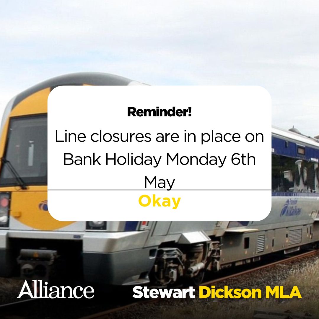 Please note there will be line closures in place on Bank Holiday Monday 6th May. Further information is available on the website – translink.co.uk; Translink Journey Planner, or by calling the Contact Centre on 028 9066 6630.
