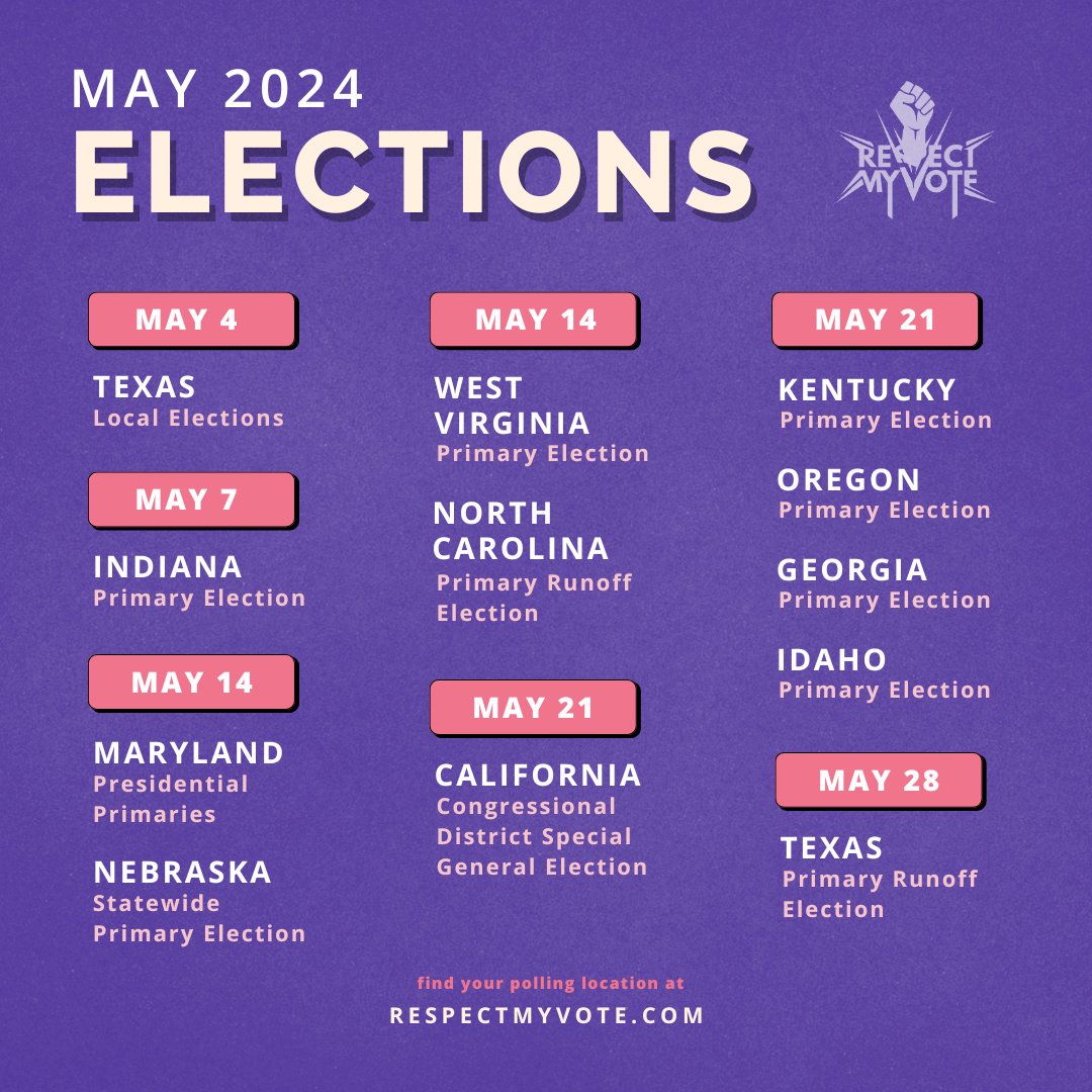 April showers bring May elections! ☔️ 🗳️ Here's your election forecast for the month! Stay informed and be sure to check your voting location. Visit RespectMyVote.com!