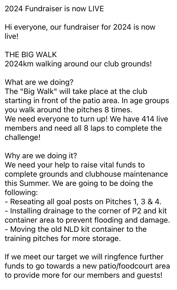 2024 Fundraiser is now LIVE

THE BIG WALK
2024km walking around our club grounds!

Reseating goal posts.
Installing drainage flooding and damage.
Training pitches storage.

Please donate here if you can:
crowdfunder.co.uk/p/lincoln-rfc-…

#2024BigWalk