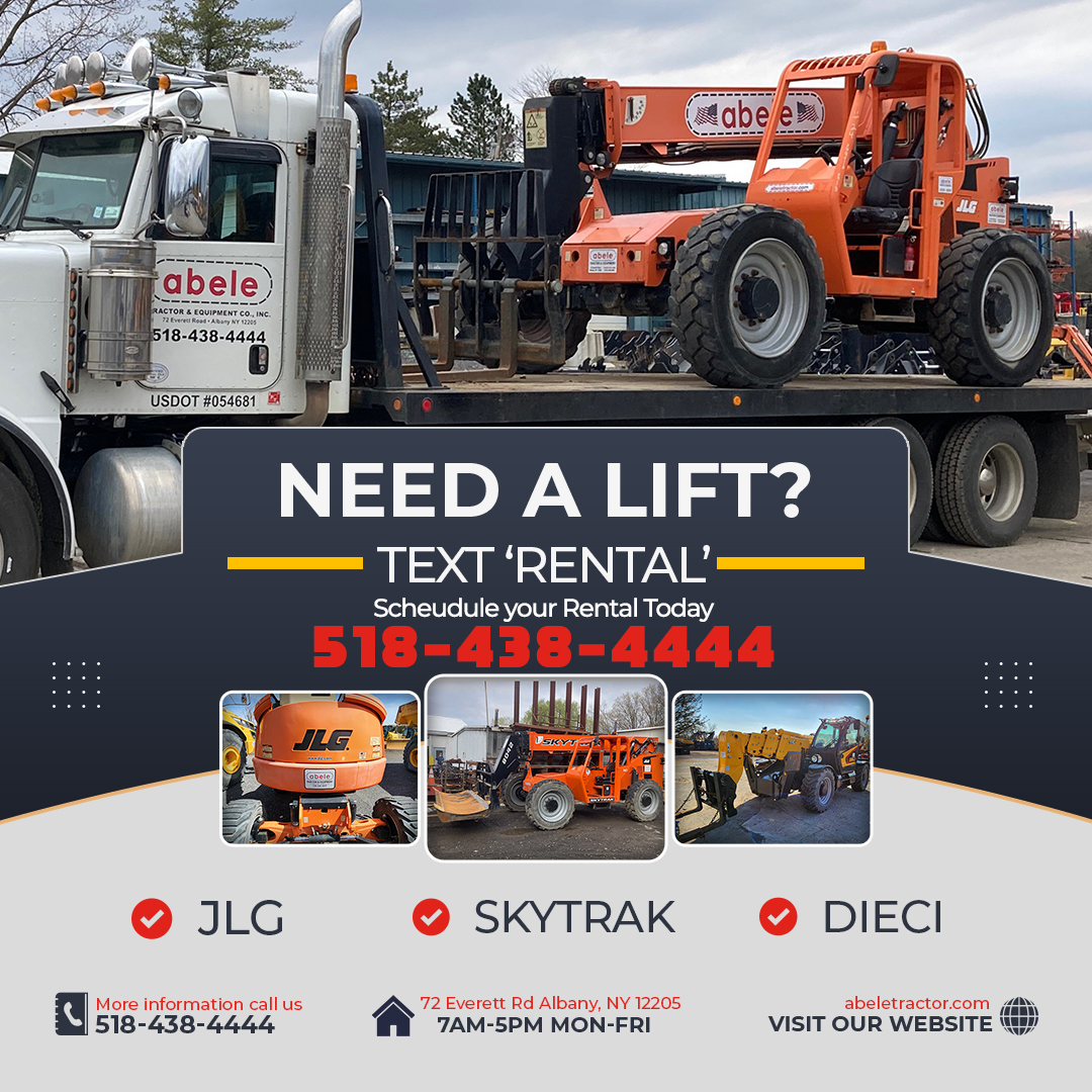 Need a quick lift for your project? 🚀 At Abele Tractor, we've got manlifts, forklifts & more to elevate your work. Skip the hassle, text 'RENTAL' to 518-438-4444 & reach new heights today! #LiftHigher #AbeleTractor