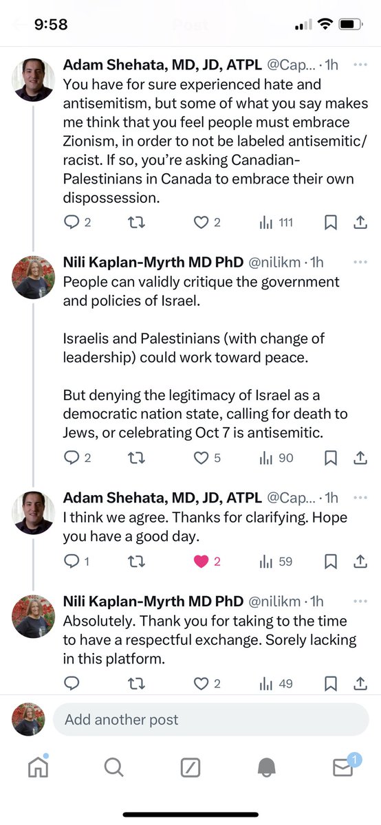 This is respectful discourse as two Canadians. Imagine if instead of building campus encampments, harassing and intimidating Jewish students and educators in schools, celebrating the Oct 7 massacre, we could speak about trauma and hold a space for Zionism and for social justice.
