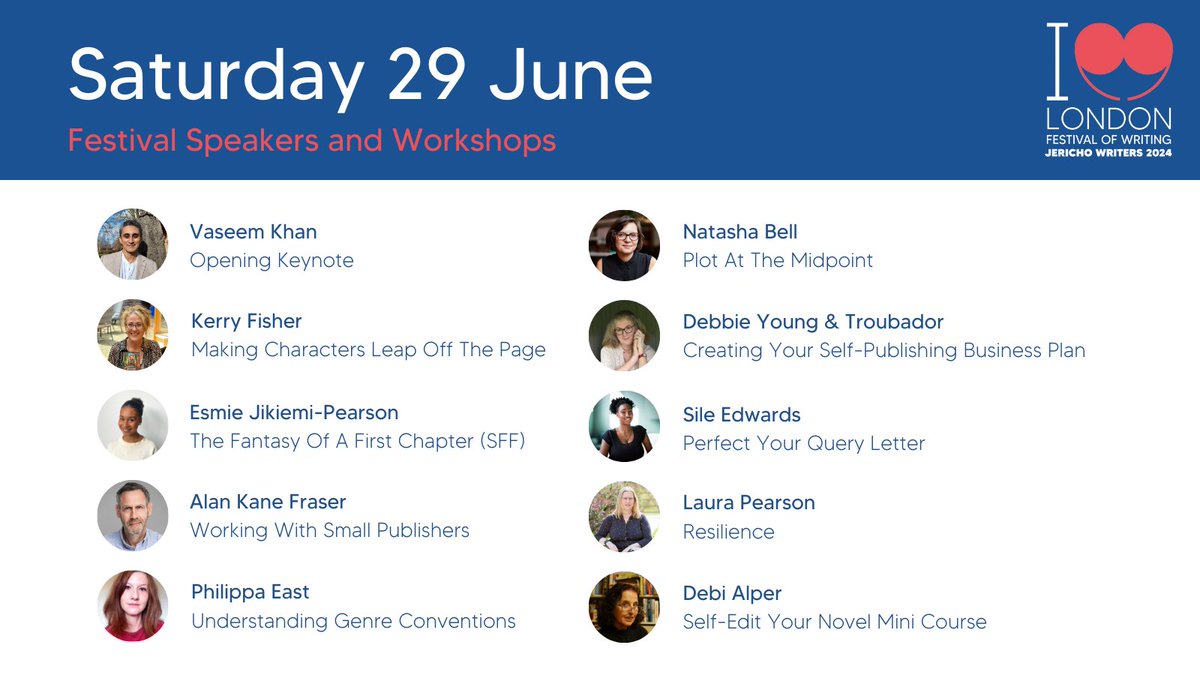 On Saturday, we'll be attending workshops and talks led by @VaseemKhanUK @KerryFSwayne @esmiejp @TheWritingAlan @philippa_east @byTashB @DebbieYoungBN @matadorbooks @sileloquies @LauraPAuthor and @DebiAlper 🥳 #LFOW24