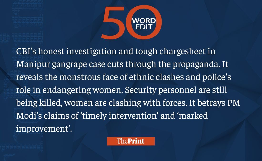 ThePrint #50WordEdit on CBI chargesheet in the Manipur gangrape case

tinyurl.com/55pwtzth