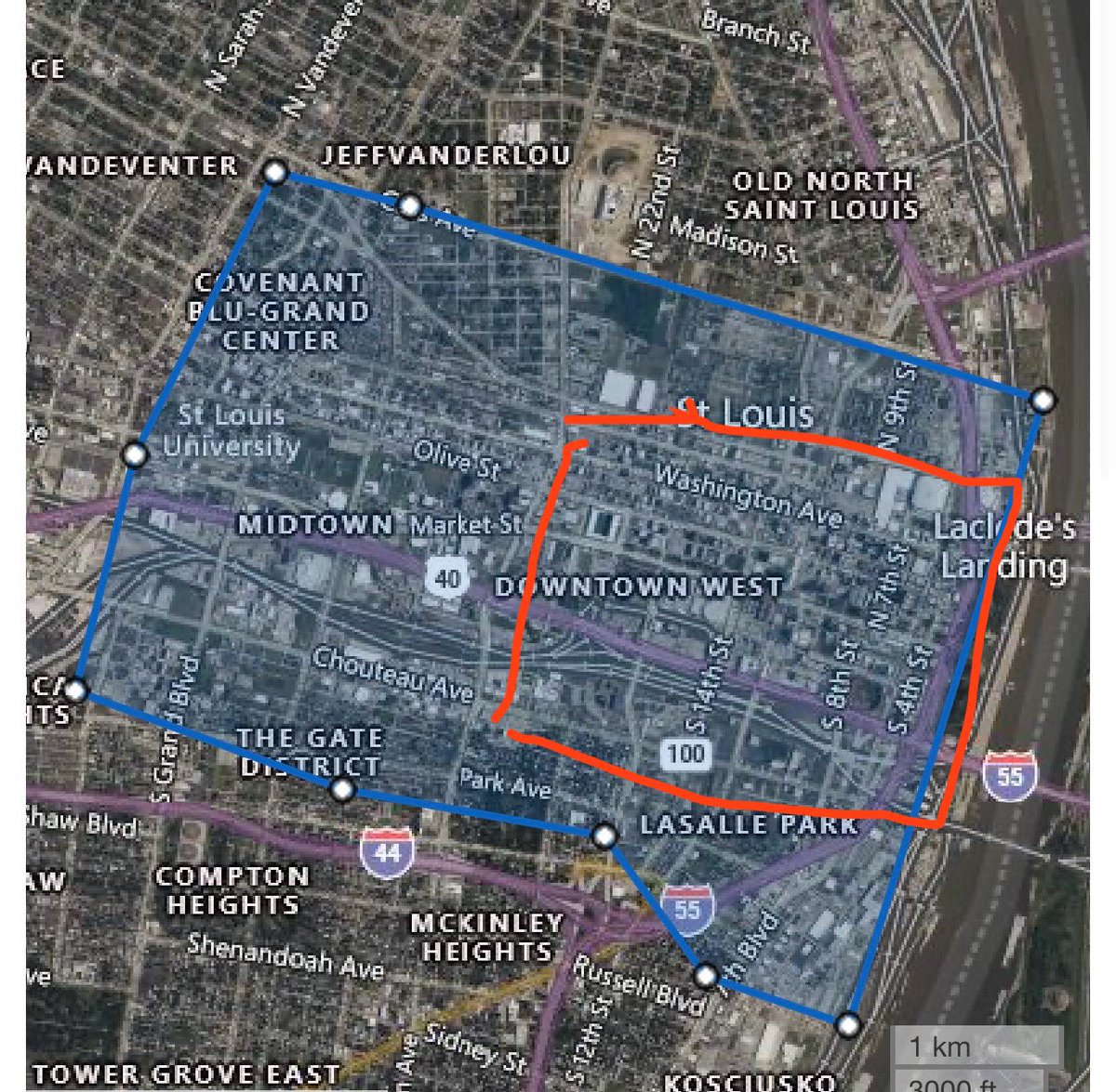 Red is the 2 neighborhoods that we call downtown and in blue is the size that KC calls its downtown….so when you hear that downtown kc has 28,000 residents that’s why.