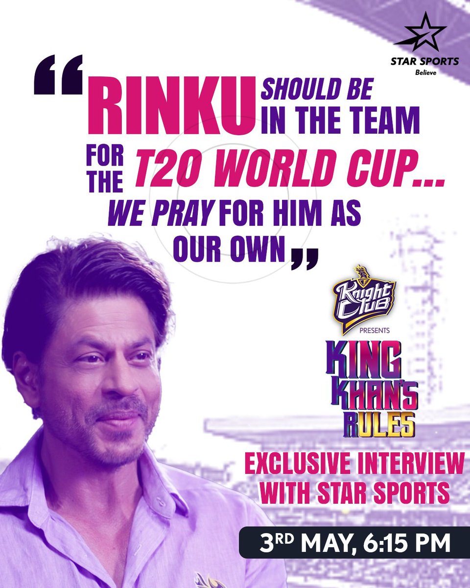 Tune in to Knight Club presents : King Khan's Rules on @StarSportsIndia 🔥 Catch an exclusive interview with @iamsrk on Friday, May 3rd, at 6:15pm ❤️ Discover SRK's hopes for Rinku Singh in the T20 World Cup squad and more! 🏏✨ @iamsrk @StarSportsIndia @KKRUniverse @KKRiders