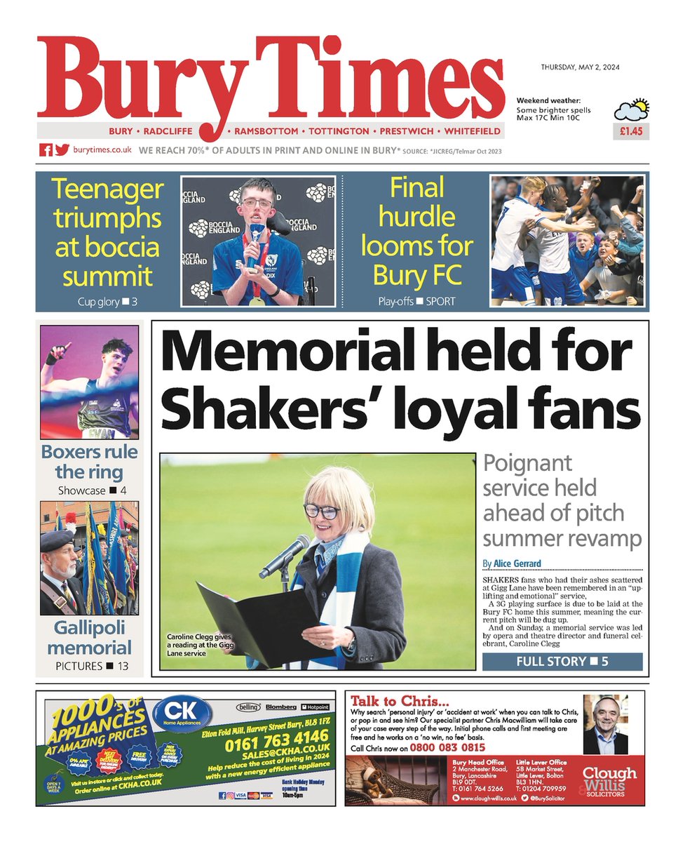 Front page of this week's @BuryTimes on sale Thursday📰 

#Bury #Radcliffe #Ramsbottom #Tottington #Prestwich #Whitefield #BuyAPaper #LocalNewsMatters #Newsquest #BuryFC #TomorrowsPapersToday