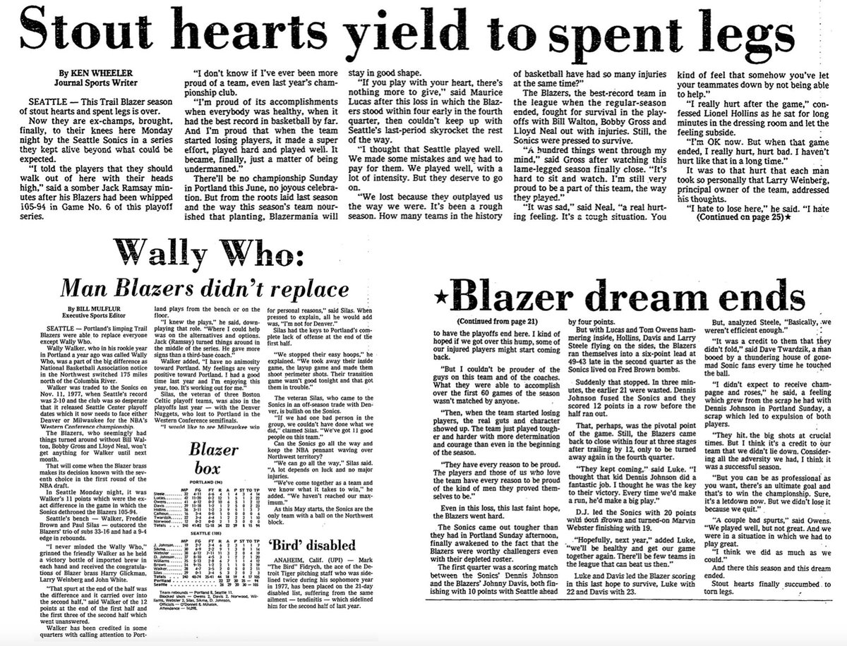 May 1 1978 - The defending @NBA Champions are eliminated in 6 games when the @SeattleSonics defeat the @trailblazers

Despite the loss, over 2,000 fans showed up to @flypdx to welcome home the #Blazers.

The #Sonics would go on to reach the @NBA Finals in 1978, losing to the…