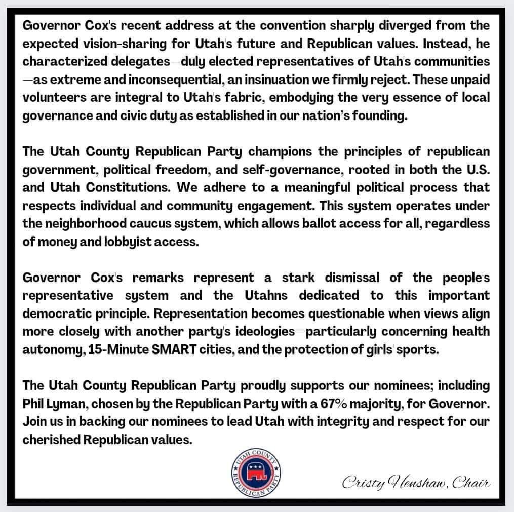 Thank you @CristyHenshaw for this statement!

@GovCox @SpencerJCox showed disrespect & disregard for the neighborhood caucus delegate system. 

These delegates are elected by their neighbors; Cox insulted them & conveyed he’d buy (or cheat) a win.

It’s @phil_lyman time!
#utpol