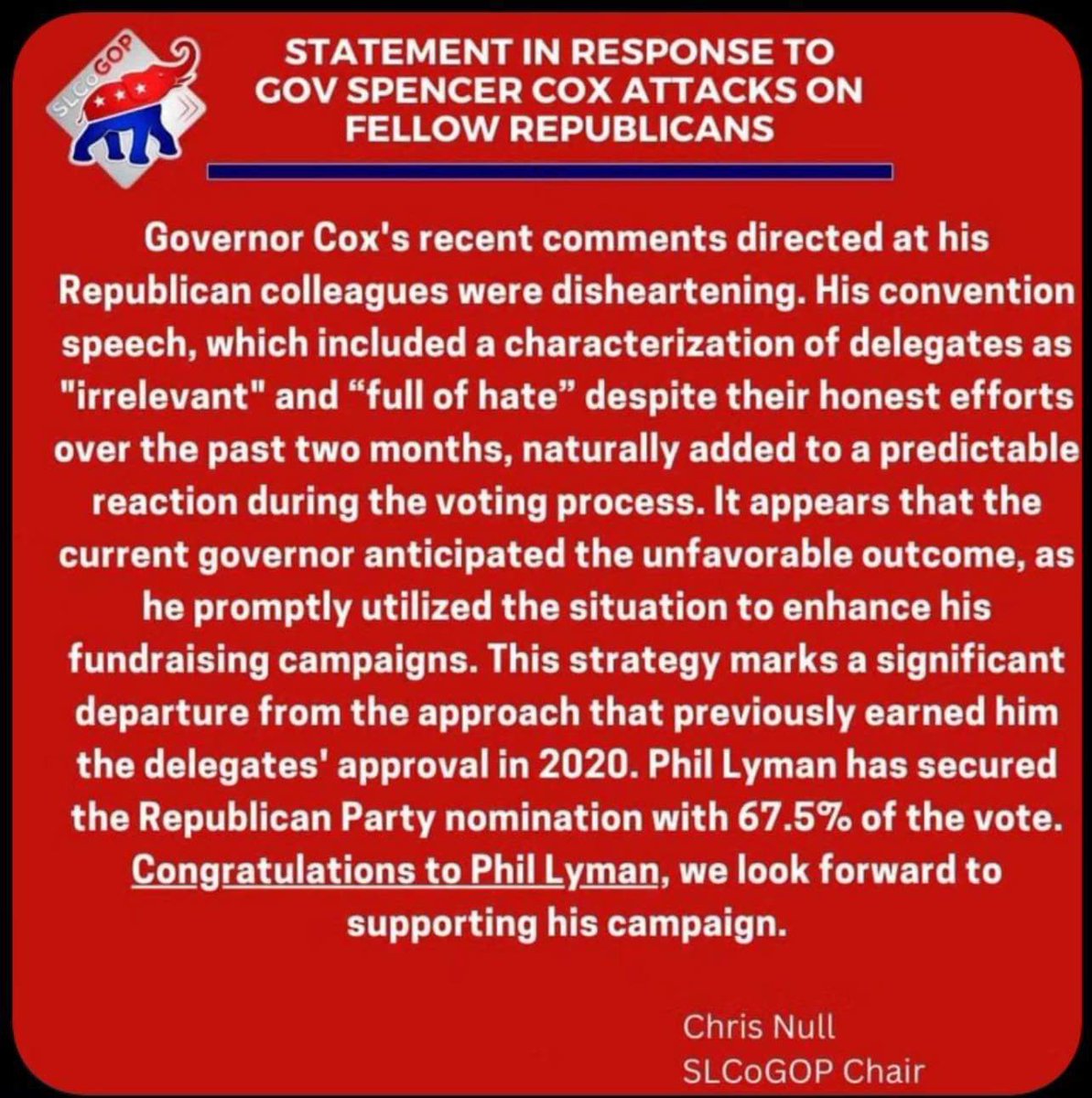 Thank you @cnull for your Statement!

The poor reception from neighborhood caucus delegates, is a direct reflection of @SpencerJCox terrible governance statewide.

@GovCox ran from @TaylerUSA following his speech, refusing interviews about Utahs Sanctuary State policies 
#utpol