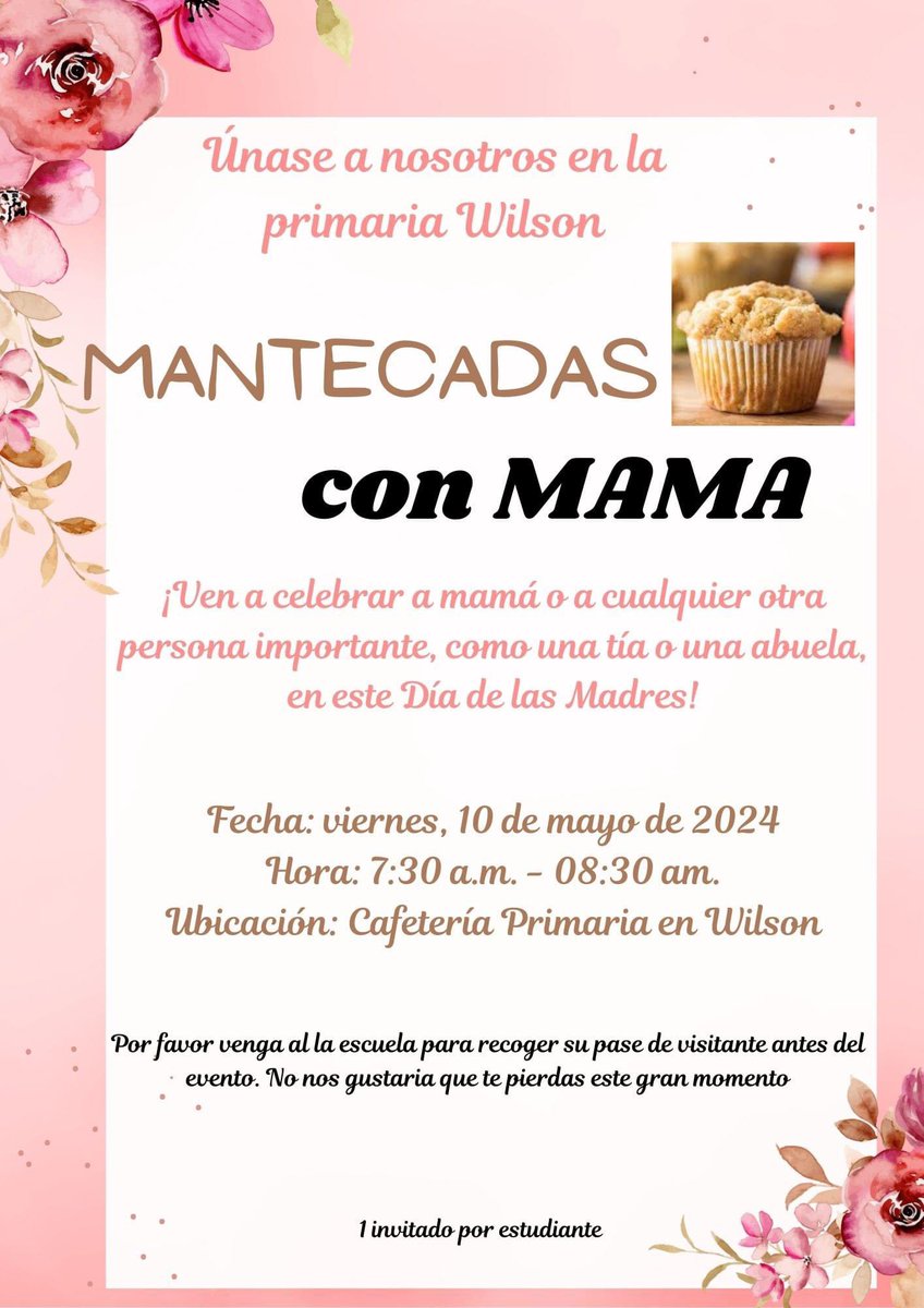 Join us next Friday, May 10th, for Muffins with Mom! Celebrate mom or important guardian such as an aunt or grandma in honor of Mother’s Day! Please come by campus to pick up your visitor’s pass before the event, we do not want you to miss out. @Erikardz11G @Karime_Flores7