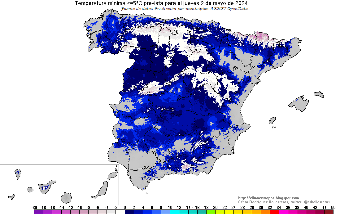 AEMET_Esp's tweet photo. 🧵Atención a las temperaturas mínimas previstas para el 2 de mayo: serán entre 5 y 10 °C más frías de lo normal en muchas zonas.

Helará en áreas del interior del norte y centro de la Península. Burgos, Palencia o Vitoria-Gasteiz rondarán los cero grados.

Mapas: @crballesteros https://t.co/BGb9wdbsXr