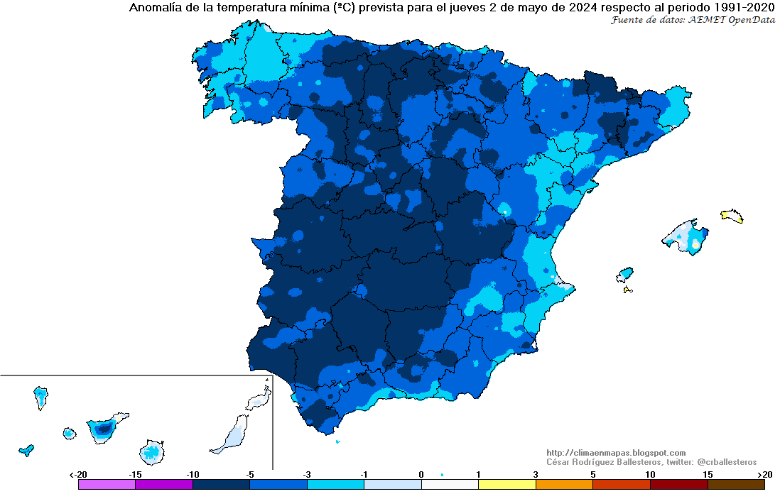 AEMET_Esp's tweet photo. 🧵Atención a las temperaturas mínimas previstas para el 2 de mayo: serán entre 5 y 10 °C más frías de lo normal en muchas zonas.

Helará en áreas del interior del norte y centro de la Península. Burgos, Palencia o Vitoria-Gasteiz rondarán los cero grados.

Mapas: @crballesteros https://t.co/BGb9wdbsXr