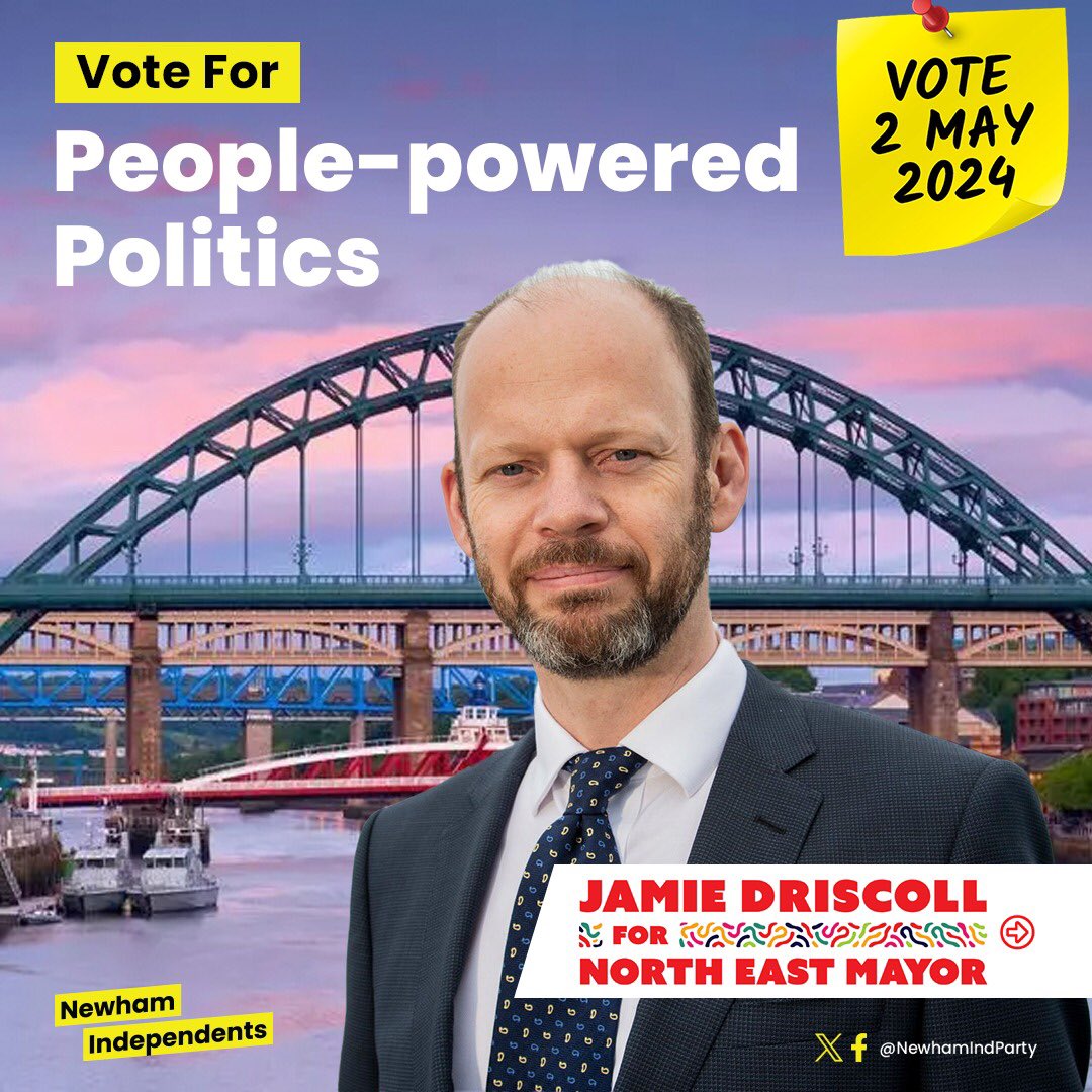 NewhamIndParty's tweet photo. On the 2nd May the people of the North East have the opportunity to show the Westminster duopoly that it is no longer business as usual.

The march of the independents is here to stay and will become stronger with each election.

Encourage your friends &amp; family to vote for Jamie. https://t.co/uaw52I2nsB
