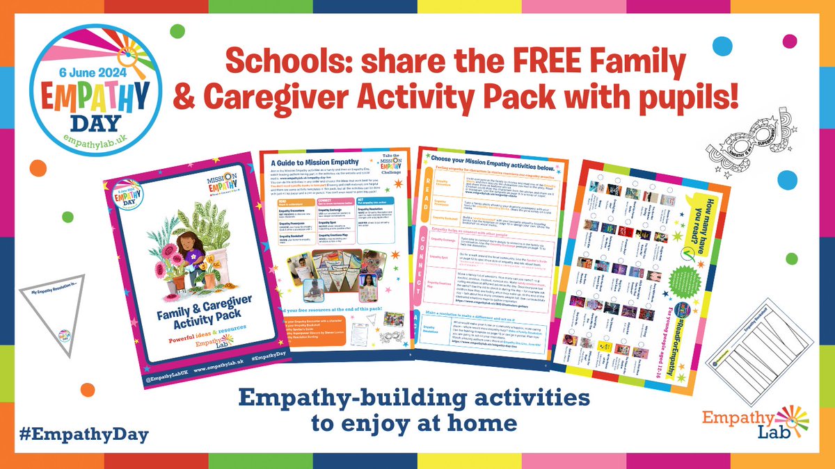 💫Calling all educators! 💫 You can share our Family & Caregiver Activity Pack with pupils and their families now! Our FREE paperless guide has exclusive activities to help them understand and develop empathy at home, in the run up to #EmpathyDay ⚡️ ➡️empathylab.uk/family-activit…