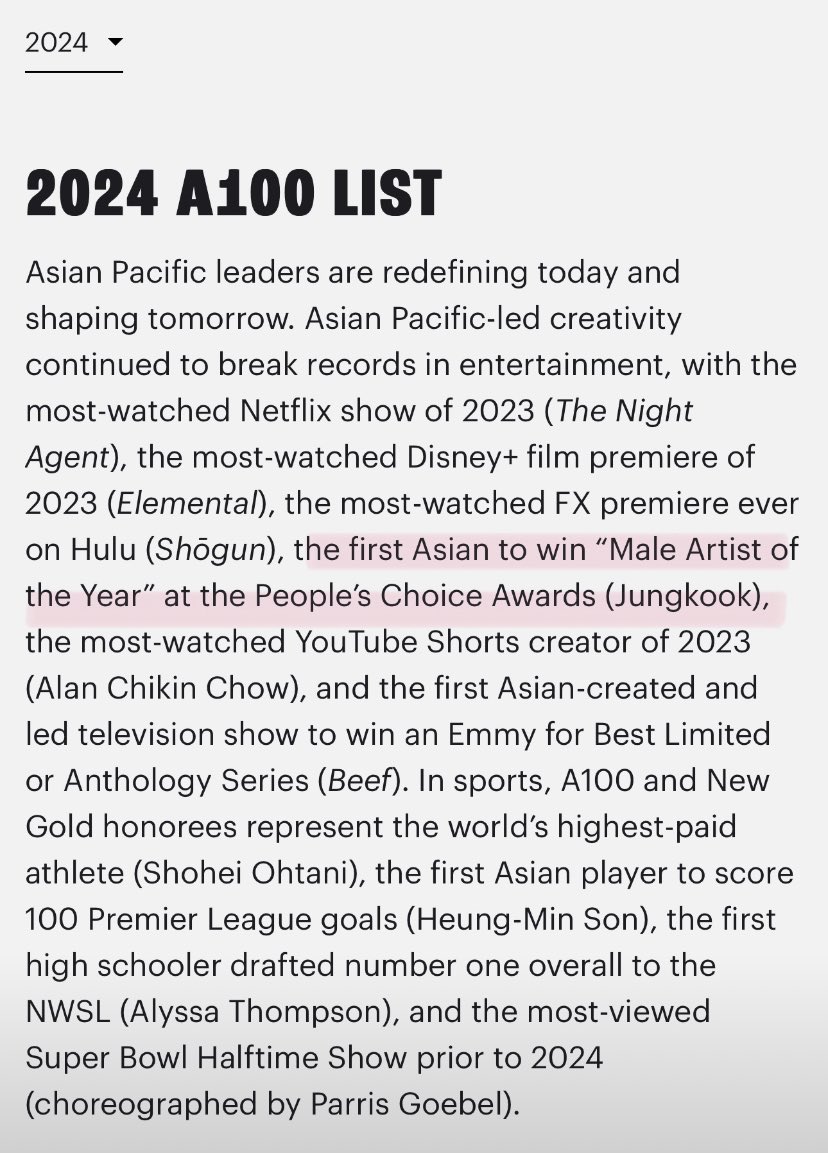 Congratulations #Jungkook for being included in @GoldHouseCo's 2024 A100 List of The Most Impactful Asia Pacific Leaders in the field of Entertainment and Media 🎉