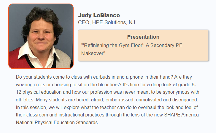 Our friend <a href="/jlobianc/">Judy LoBianco</a> always brings the energy &amp; that will be true again this summer😃

Don't miss "Refinishing the Gym Floor: A Secondary PE Makeover" which will provide PD on the new standards, learning indicators &amp; learning progressions #SHAPESummer

👇
shapeamerica.org/MemberPortal/e…