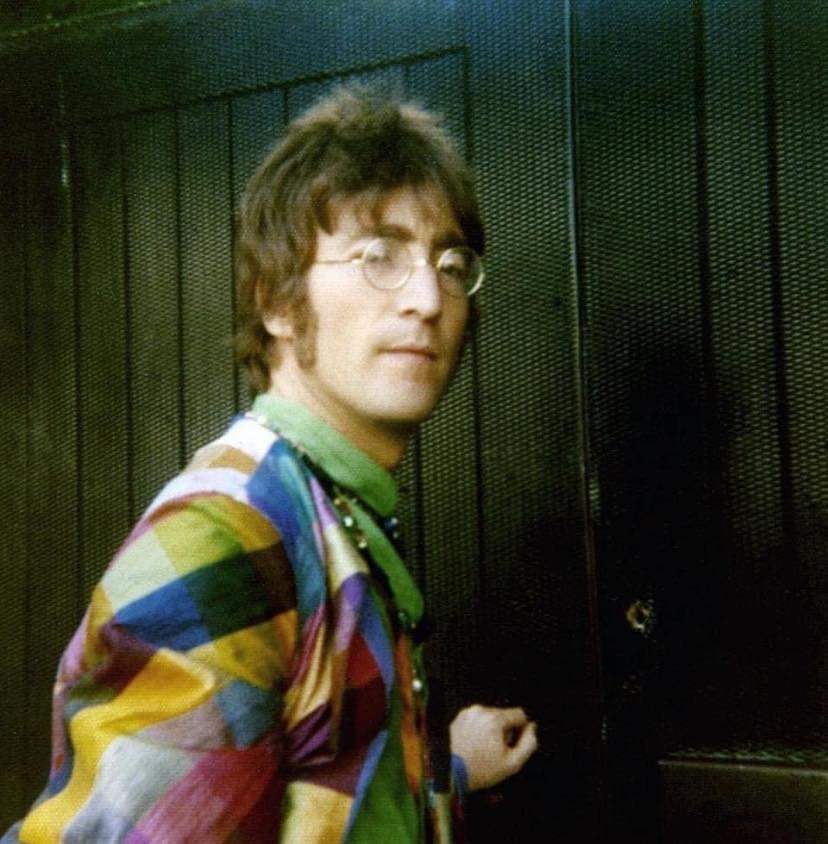 Fan photo of John Lennon 1967 . I love his outfit here.  💜💚🩷 #JohnLennon #TheBeatles #60s #60sfashion #vintagefashion #thefabfour
