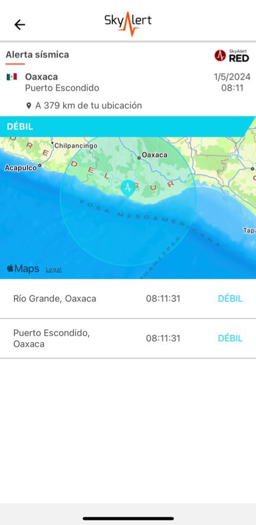 Sismo magnitud 4.7 (SSN) ubicado a 50 km al sur de Río Grande, Oaxaca. Detectado por @REDSkyAlert con intensidades «débiles» en zona del epicentro. #LaAlertaConfiable
