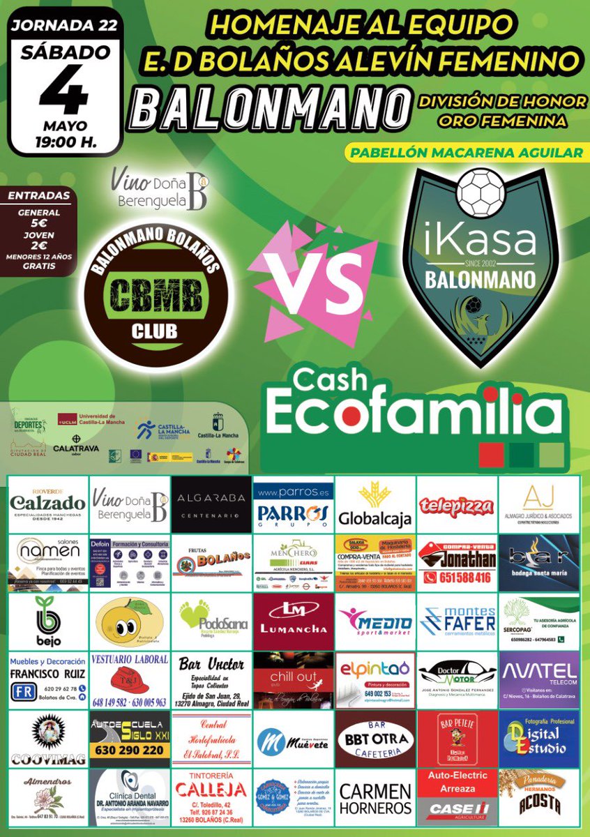 💚🤍ÚLTIMO PARTIDO DE LA LIGA!! 
Este sábado a las 19:00h nuestras chicas reciben a <a href="/balonmanoikasa/">Balonmano iKasa Boadilla</a> en el último encuentro de la liga !!

Ven a disfrutar este último partido y a despedir la temporada con ellas!!