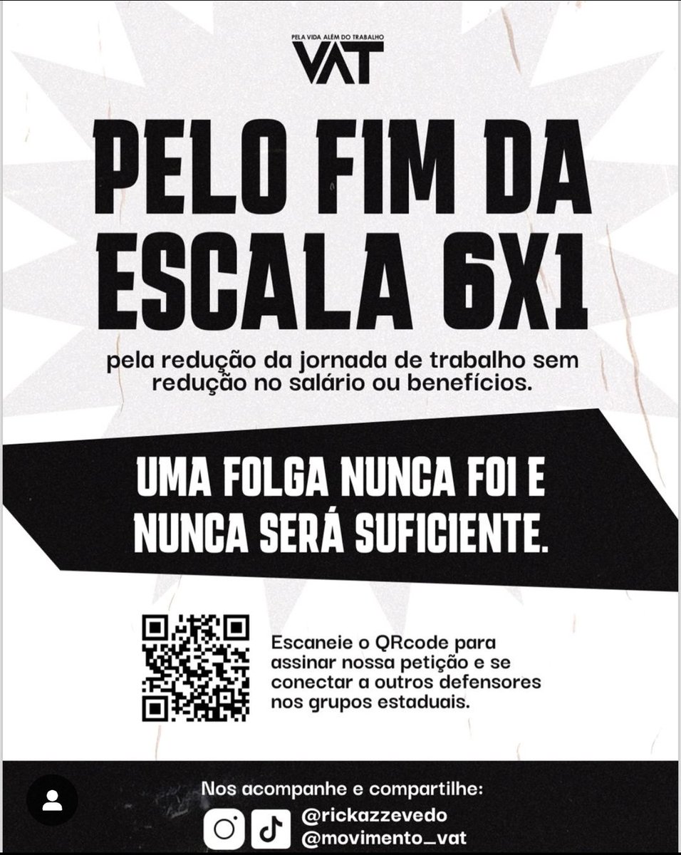 A maioria dos brasileiros ainda trabalha em escala de seis dias de trabalho por UM DIA de folga. Que vida é possível viver assim? A vida PRECISA ter espaço pra existir além do trabalho!  Assinem a petição do @movimento_vat pela redução da jornada de trabalho #1demaio